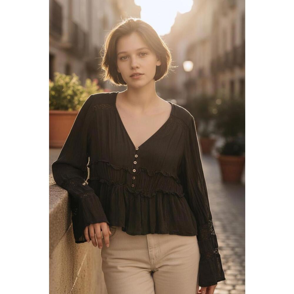 American Eagle Black‎ Long Sleeve Boho Peasant Cottage Button-Front Blouse